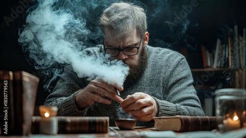 A man with a beard and glasses is vaping with an e-cigarette in a dimly lit room, surrounded by books and candles.