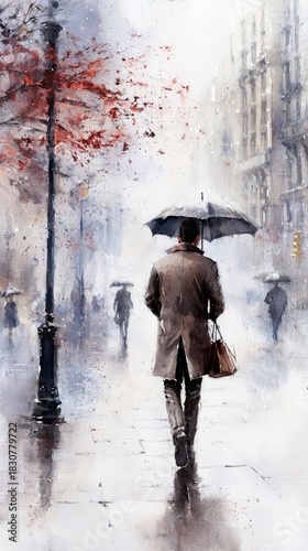 A man walks down a city street under an umbrella in the rain. The image is rendered in a watercolor style, with a moody and atmospheric feel.