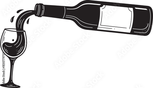 Wine bottle pouring red wine into a glass illustration art