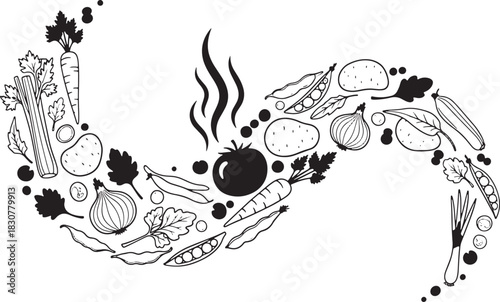 Whimsical Vegetable Arrangement with Tomato Carrot Onion and Potato Doodle Art