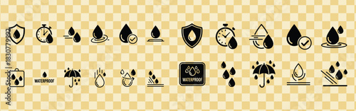 Collection of waterproof icons representing water resistance and protection against liquids and moisture