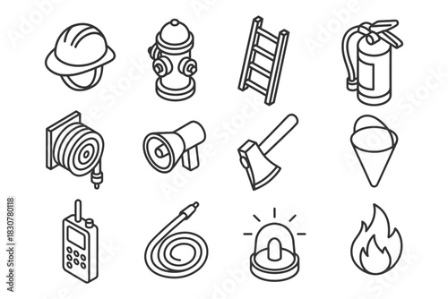Outline icons set: firefighting equipment and safety tools.