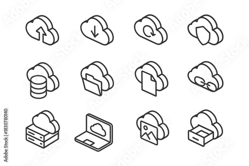 Cloud computing icons set: upload, download, security, storage, virtualization.