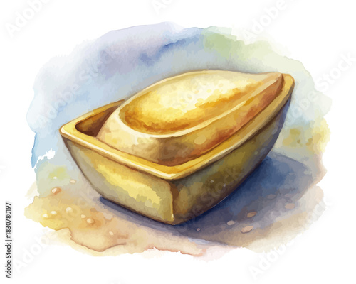 Chinese Gold Ingot Watercolor Vector Illustration, Traditional Prosperity Symbol Art Isolated on White Background