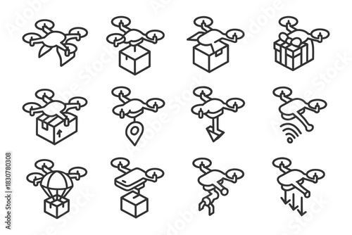 Drone delivery icons set featuring packages and navigation symbols.