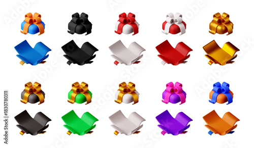 Set of 3D rendered gift boxes and their open forms. Variety of colorful presents for celebration and holiday marketing material. Vector illustration