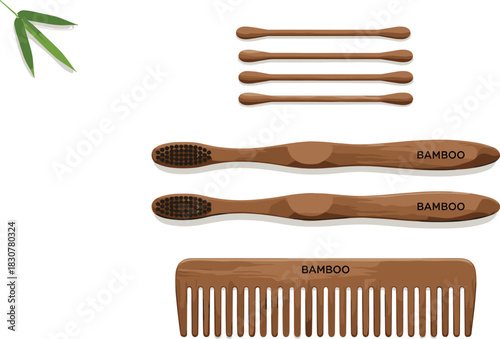Bamboo toothbrushes, cotton swabs, comb, eco-friendly hygiene tools, sustainable grooming set, natural materials, zero waste, green lifestyle.