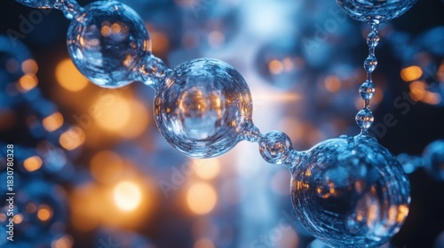 Watery spheres linked. Bokeh blue, orange background. Macro detail is visible