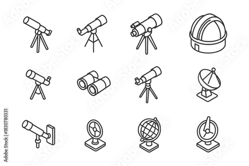 Line art collection of telescopes binoculars globe antenna.