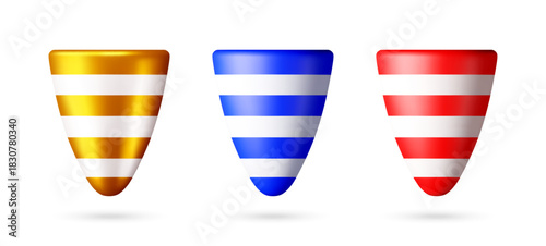 Set of three 3d party popper cone with stripped pattern. Celebration and holiday concept. Party accessory for festive event Vector illustration