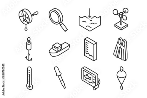 Nautical and oceanographic equipment in outline style icons set.