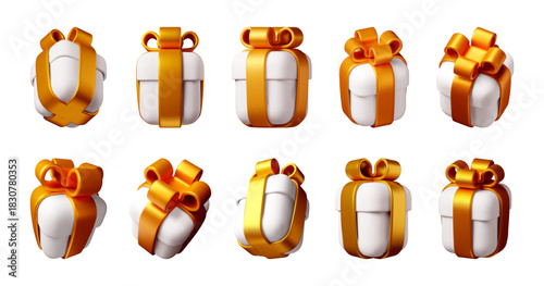 3d illustration set of gift box collection. White present boxes with golden ribbon and bow for holiday, celebration, and bonus concept. Vector illustration