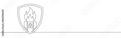 Continuous one line drawing of a firewall shield icon with flames and a padlock. Concept of network security