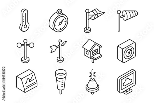 Isometric weather icons collection: thermometer, compass, wind features, anemometer, weather station.