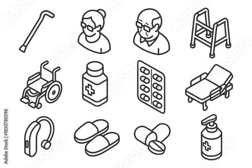 Elderly care icon set: medical equipment and assistance items for senior support.