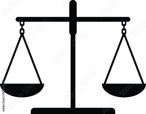 Black and white balanced scale illustration symbolizing justice, equality, fairness, legal ethics, and impartial decision-making in law and society