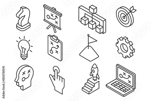 Line art icons: strategy, innovation, success - chess knight, target, rocket.