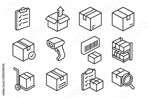 Logistics icons: packaging, scanning, barcode, warehouse.