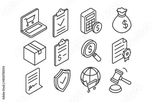 Black and white business icons: shopping, finance, delivery, security.