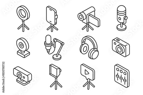 Isometric icons of audio and video equipment on white background.