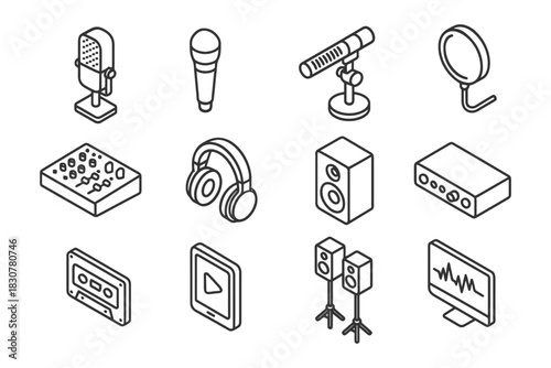 Isometric music equipment set featuring microphones, headphones, speakers, and audio devices.