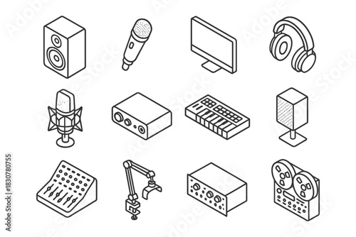 Isometric audio equipment icons: microphone, speaker, headphones, mixer, amplifier.
