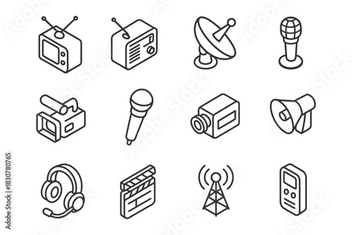 Monochrome media icons: tv, radio, satellite, microphone, camera, headphones.
