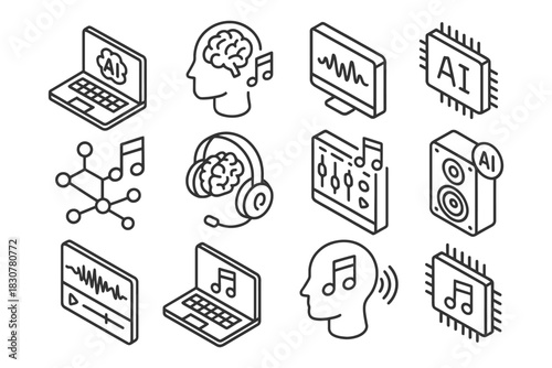 Ai music technology icons: brain, headphones, laptop, audio waveforms, sound system, neural network.