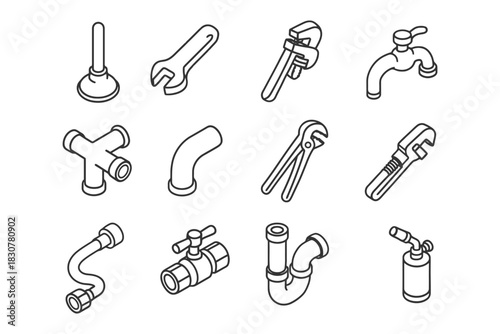 Plumbing tools and pipe fittings line art collection.