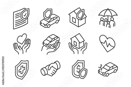Insurance icons set: health, auto, home, group, and safety symbols.