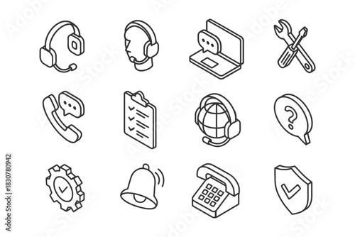 Customer support icons: headset, tools, laptop, phone, shield, checklist, bell, chat.