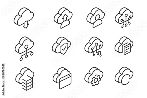 Cloud computing icon set with cloud storage and network symbols.