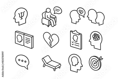 Mental health icons: psychology, therapy, counseling, and support symbols.