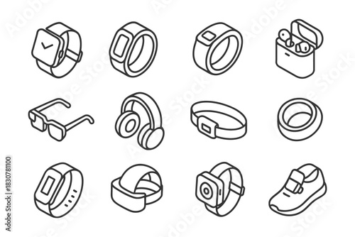 Simple line art icons of wearable tech: watches, headphones, smart rings, fitness bands, sneakers.