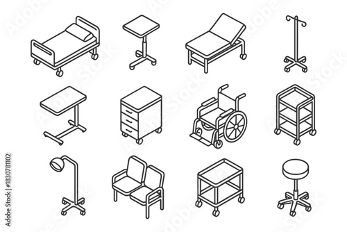 Outline set of hospital furniture: bed, wheelchair, iv stand, chairs, medical cart, and lamp.