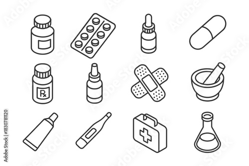 Outline icons: medicine, pills, bandages, thermometer, medical kit.