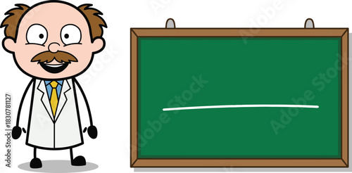Cartoon scientist character with mustache standing beside green chalkboard, educational illustration for teaching, learning, school, and classroom themes
