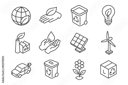 Eco-friendly icon set featuring recycling bins, solar panels, wind turbines, and more.