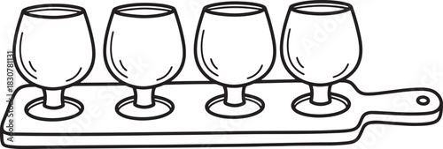 Black and white illustration of a beer flight with four glasses