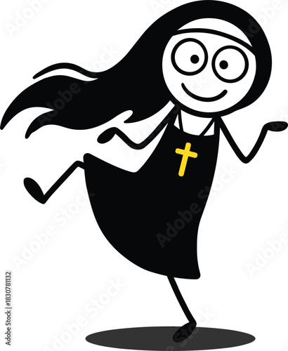 Cartoon nun character dancing joyfully in black habit with yellow cross, playful religious illustration for faith, joy, and spirituality themes