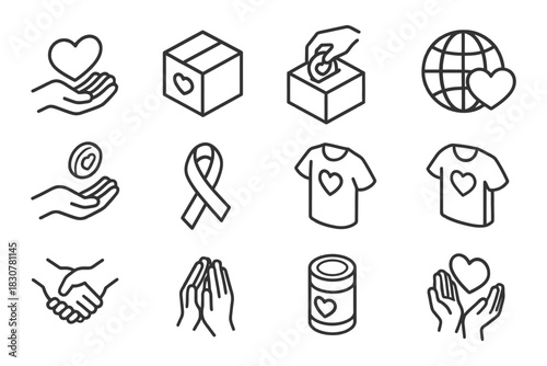 Charity icons: heart, donation, support, global, helping hands.