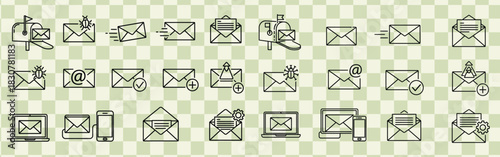 Collection of email icons representing various states and actions related to electronic messaging