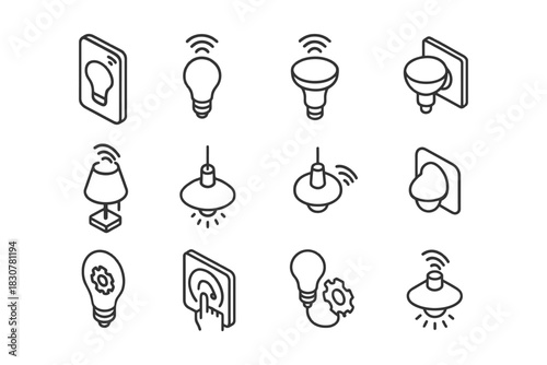 Smart light and switch icon set featuring wi-fi connectivity and automation.
