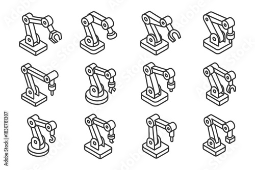 Isometric robotic arms set with industrial machinery designs.