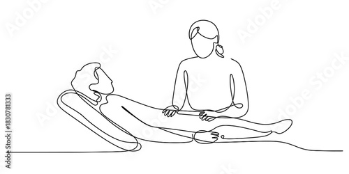 One continuous line art illustration of a person lying down receiving comfort or therapy from another individual, representing wellness and personal care. Vector, illustration