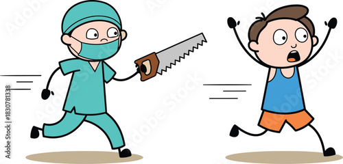 Cartoon surgeon chasing frightened man with saw in exaggerated comic scene of surreal medical panic and humorous action motion