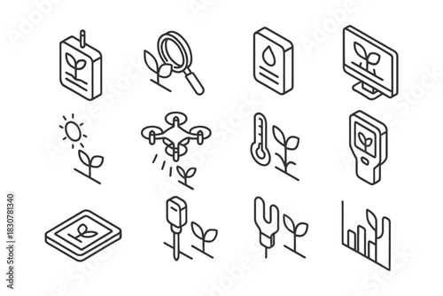 Smart farming icons collection featuring technology and plant growth.