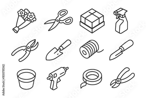 Gardening and craft tools line art set featuring scissors, trowel, and glue gun.