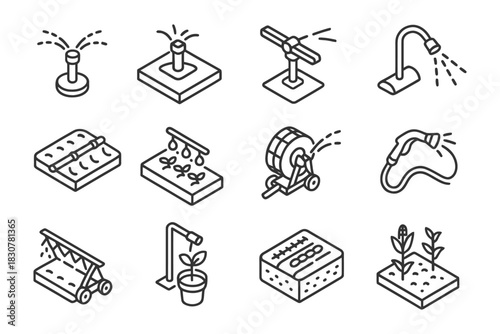 Isometric garden irrigation icons: drip, sprinkler, soaker systems.
