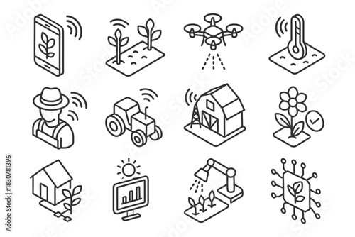 Smart agriculture icons collection with drones, sensors, and robots for modern farming.